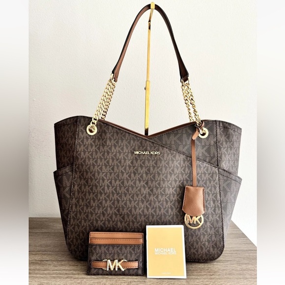 New MICHAEL KORS 2pc Jet Set Large Tote Bag With Card Holder Brown MK - Picture 2 of 5